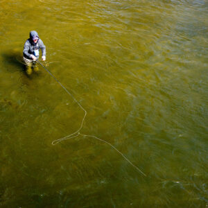 Cross Current Fly Fishing Insurance ambassador wading in river.